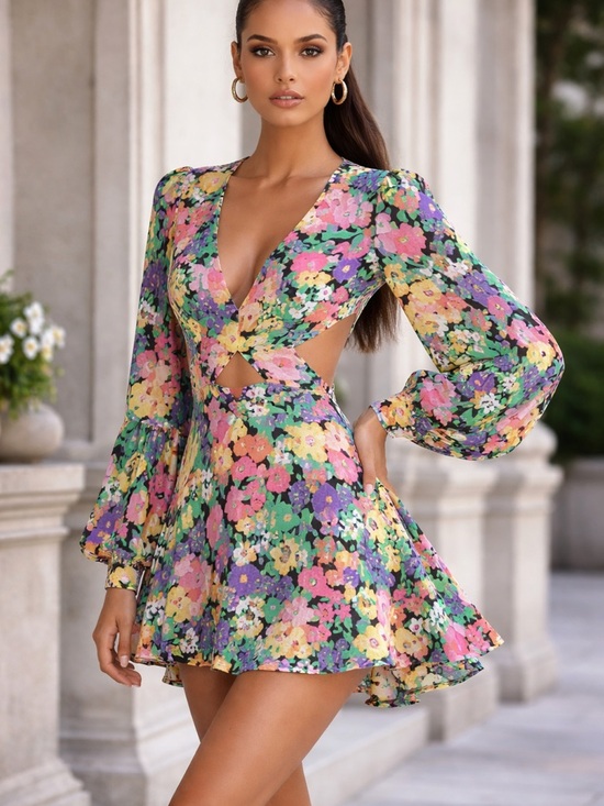 AFRM Dresses & Skirts - AFRM Floral Cut-Out Mini Dress Open Back Long Sleeve Size S Spring Summer